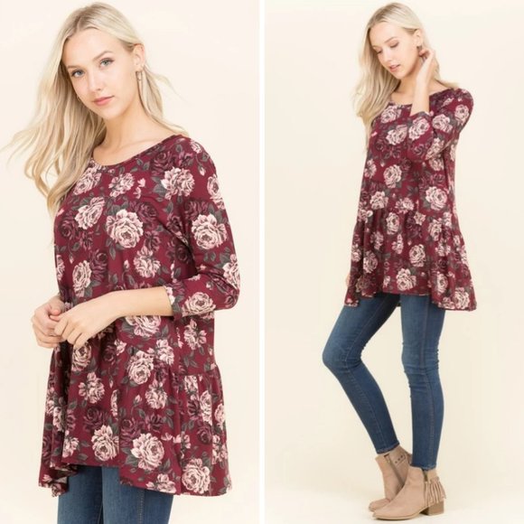 Boutique Tops - Floral 3/4 Sleeve Blouse Top Burgundy Plus Size